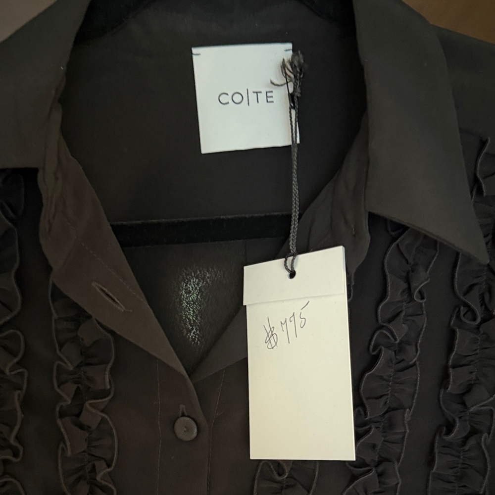 Black Ruffle-Front Button-Up Blouse - Picture 2 of 8